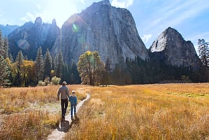 A father and son waking through a national park. 